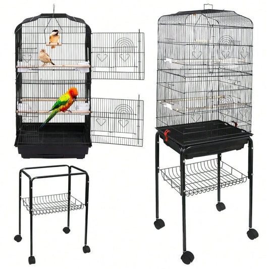 Rolling Bird Cage Cockatiel Parakeet Finch Canary Home with Stand & Tray