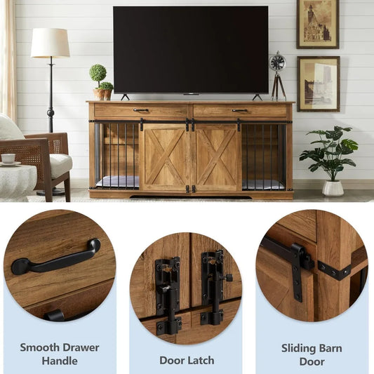 72.5" Double Dog Crate Furniture for 2 Medium Dogs, Heavy Duty Wood