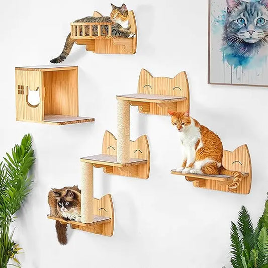 9-Piece Wooden Wall-Mounted Cat Furniture Set with Condo, Scratcher & Steps