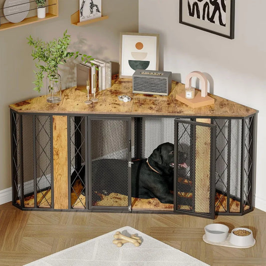 67" Corner Dog Crate Furniture for Large Breed Wooden Dog Kennel